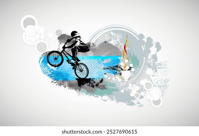 Vector banner or flyer with cyclist on the bike. Abstract poster of BMX competitions sport template.