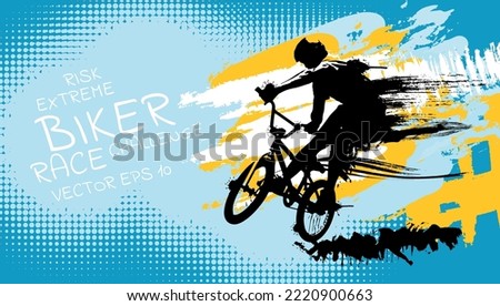 Vector banner or flyer with cyclist on the bike. Abstract poster of BMX competitions sport template