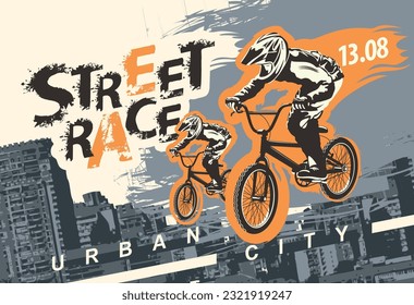 Banner vectorial o volante con ciclistas en la carrera de motos y palabras Street, Deporte extremo en un entorno urbano. Afiche para la carrera de ciclismo callejero, club de bicicletas, deportes extremos de estilo moderno