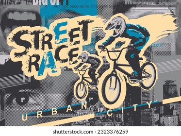 Vector banner or flyer with cyclists on the bikes and words Street race. Extreme sport on the urban background. Poster for street race, bicycle club, extreme sports in modern style
