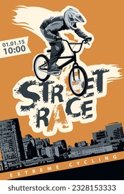 Banner vectorial o volante con ciclistas en la carrera de motos y palabras Street, Deporte extremo en un entorno urbano. Afiche para la carrera de ciclismo callejero, club de bicicletas, deportes extremos de estilo moderno