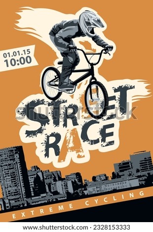 Vector banner or flyer with cyclists on the bikes and words Street race, Extreme sport on an urban background. Poster for street cycling race, bicycle club, extreme sports in a modern style