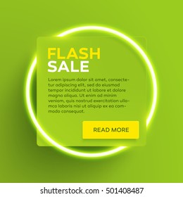 Vector Banner Or Flyer Design Template With Glowing Neon Tube Circle Around A Square Paper Banner With Realistic Drop Shadow. Flash Sale Label.