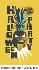 Vector banner, flyer, invitation to Halloween party with a pineapple instead of a pumpkin and lettering on a yellow background. Creepy pineapple-carved face with an evil smile and a protruding tongue
