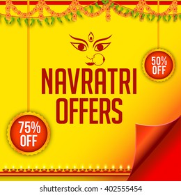 Vector banner or flyer of Navratri celebration,grand discount offers with shiny paper curl background.