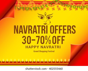 Vector banner or flyer of Navratri celebration,grand discount offers with paper curl background.