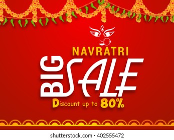 Vector banner or flyer of Navratri celebration,grand discount offers with shiny red background.
