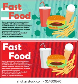 Vector banner, flyer with a picture of fast food: a hamburger, cheeseburger, fries, drinks and ice cream, and a place for text