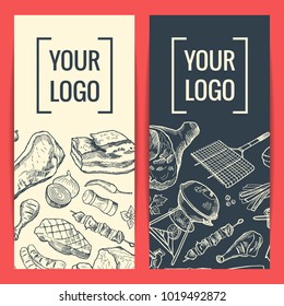 Vector banner or flyer templates with hand drawn meat elements and place for logo or text illustration