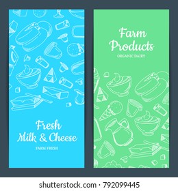 Vector banner or flyer templates with place for text and sketched milk products on plain background illustration