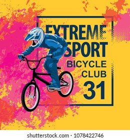 Vector banner or flyer with words Extreme sport and a cyclist on the bike. Abstract poster for bicycle club and promoting extreme mountain biking