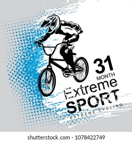 Banner vectorial o volante con las palabras Extreme sport y un ciclista en la bicicleta. Afiche abstracto de los concursos BMX motocross plantilla para promover el ciclismo de montaña extremo