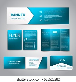 Vector Banner, flyers, brochure, business cards, gift card design templates set with beautiful shiny blue mesh background. Corporate Identity set, Advertising, promotion printing. Vector template EPS