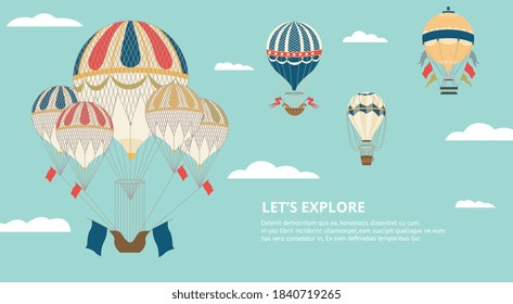 Vector banner with flying inflated balloons with baskets for passengers. Hot air balloons with colorful ornaments. Summer aeronautics festival, traveling, tourism or explore.