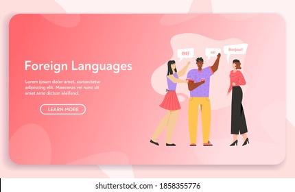 Vector banner of Foreign Language concept. People greeting, man says Hi, woman says Bonjour or chinese Hello. Phrases from native speakers. Character illustration of international communication