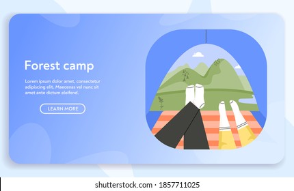 Vector banner of Forest camp concept. Couple traveling, view from tourist tent to mountains, male and female feet in socks. Character illustration of hiking trip, adventure travel, active rest outdoor