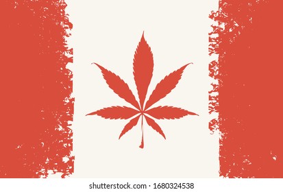 Pancarta vectorial en forma de bandera canadiense con hoja de cáñamo. Ilustración sobre el tema de la legalización de la marihuana en grunge. Maleza fumeante. cannabis médico. Consumo de drogas.