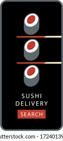 Vector banner in the form of an interface on a smartphone for a website selling Japanese cuisine. Sushi delivery, traditional Asian food. Illustration with sushi, chopsticks