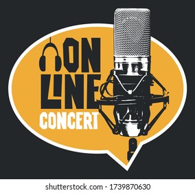 Vector banner in form of speech bubble for an online music concert with a studio microphone and headphones. Suitable for advertising, poster, flyer, invitation, sticker, web page