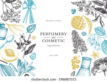 Vector banner with fragrant fruits and flowers. Hand sketched perfumery and cosmetics ingredients. Aromatic and medicinal plants design. Botanical template for invitation or greeting card. 