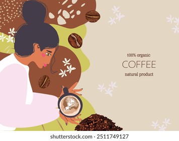 Vector banner, frame with hand drawn coffee and abstract elements with girl, woman character.