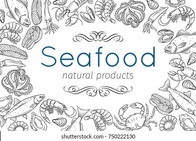 Diseño de mariscos con mejillón, salmón de pescado, camarón. Langosta, calamar, pulpo, vieiras, langosta, craps o moluscos, ostra, alfonsino y atún para el mercado de productos.