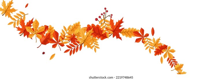 Vector banner framed with autumn fallen colored leaves around on a white background. Place for your text