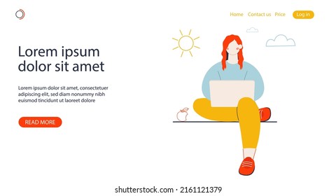 Vector Banner. Freelancer Concept. Woman With Laptop Working Outdoor. Landing Page