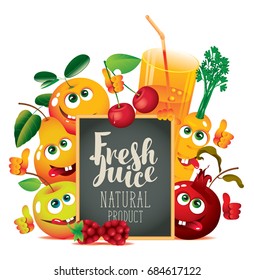 Vector banner for fresh juice with different funny fruits and blackboard with inscription
