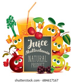 Vector banner for fresh juice with different funny fruits and blackboard with inscription Multivitamin juice