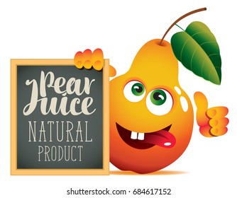 Vector banner for fresh juice with funny pear and blackboard with inscription Pear juice