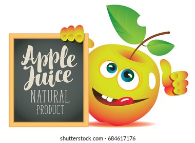 Vector banner for fresh juice with funny apple and blackboard with inscription Apple juice