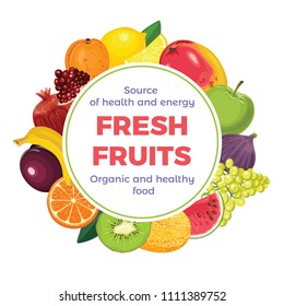 Vector banner of fruits in flat style on white background. Round frame composition. Template for packaging, shop, recipe web site, cooking book, poster, dessert menu, health care products.