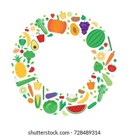 Vector banner with fruits and vegetables in flat style. Healthy food background