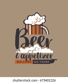 Vector banner with a full glass of frothy beer, pointer and the inscription beer and appetizer