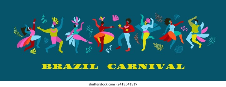 Vektorbanner mit lustigen Tänzerinnen und -männern in hellen Kostümen. Brasilianischer Karneval. Gestaltungselemente für Karnevalskonzepte und andere Verwendungszwecke