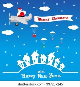 Vector banner funny Santa Claus as pilot and gift box on parachute on blue background