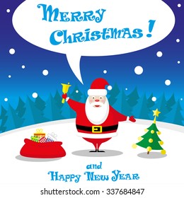 Vector banner funny Santa Claus on background night wood with hand drawn text Merry Christmas