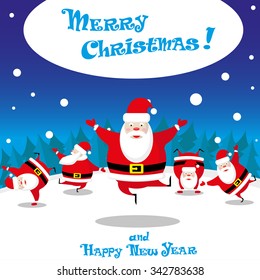 Vector banner funny Santa Claus dancing on background night wood with hand drawn text Merry Christmas  and Happy New Year