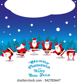 Vector banner funny Santa Claus dancing on background night wood with hand drawn text Merry Christmas  and Happy New Year