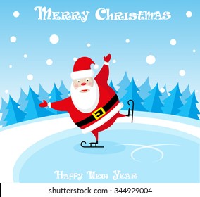 Vector banner funny santa claus in skates at the ice rink on blue gradient background 