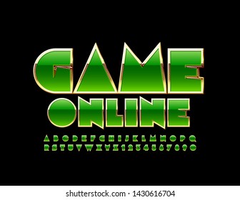 Vector banner Game Online with Uppercase Font. Green and Golden creative Alphabet. Chic shiny Letters and Numbers