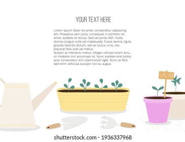 Vector banner with garden tools (watering can, flower pot, plants) and place for text on white background. Template for site, poster, web and advertising banner, article about garden, card or flyer.