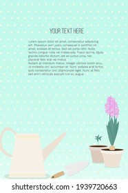 Vector banner with garden tools (watering can, flower pot, plants) and place for text on blue background. Template for site, poster, web and advertising banner, article about garden, card or flyer.