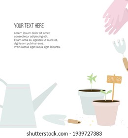Vector banner with garden tools (watering can, flower pot, plants) and place for text on white background. Template for site, poster, web and advertising banner, article about garden, card or flyer.