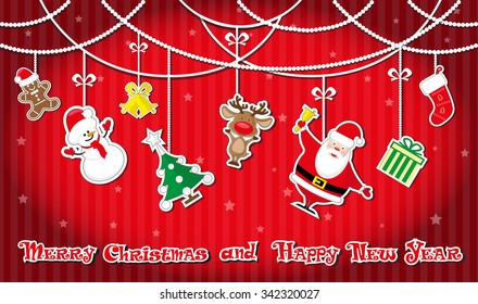 Vector banner garland: Santa Claus, snowman, christmas tree, gift sock, present box, deer, bells, gingerbread man  and hand drawn text Merry Christmas and Happy New Year on red striped background