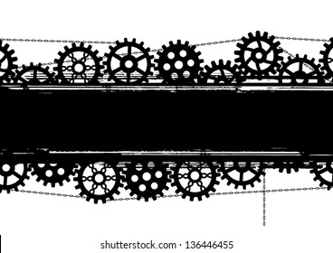 Vector banner with gears and chains in black and white colors