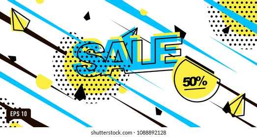  Vector banner with geometric figures of yellow blue and black with inscription discount