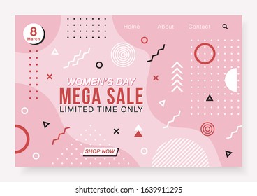 Vector banner with geometric forms, lines and dots in trendy memphis style. Landing page design template, stock vector illustration. Women's day concept.