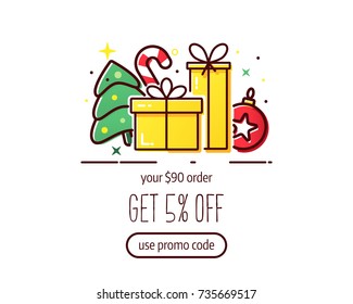 Vector banner with gift boxes and christmas tree, modern concept for wish list.